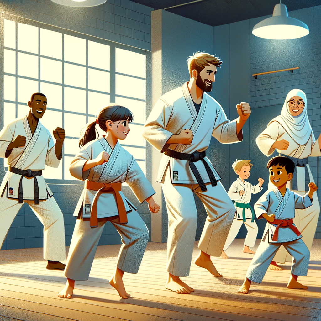 Diverse families participating in family karate classes, showcasing karate bonding activities and shared karate practice for parents and kids during family martial arts training.