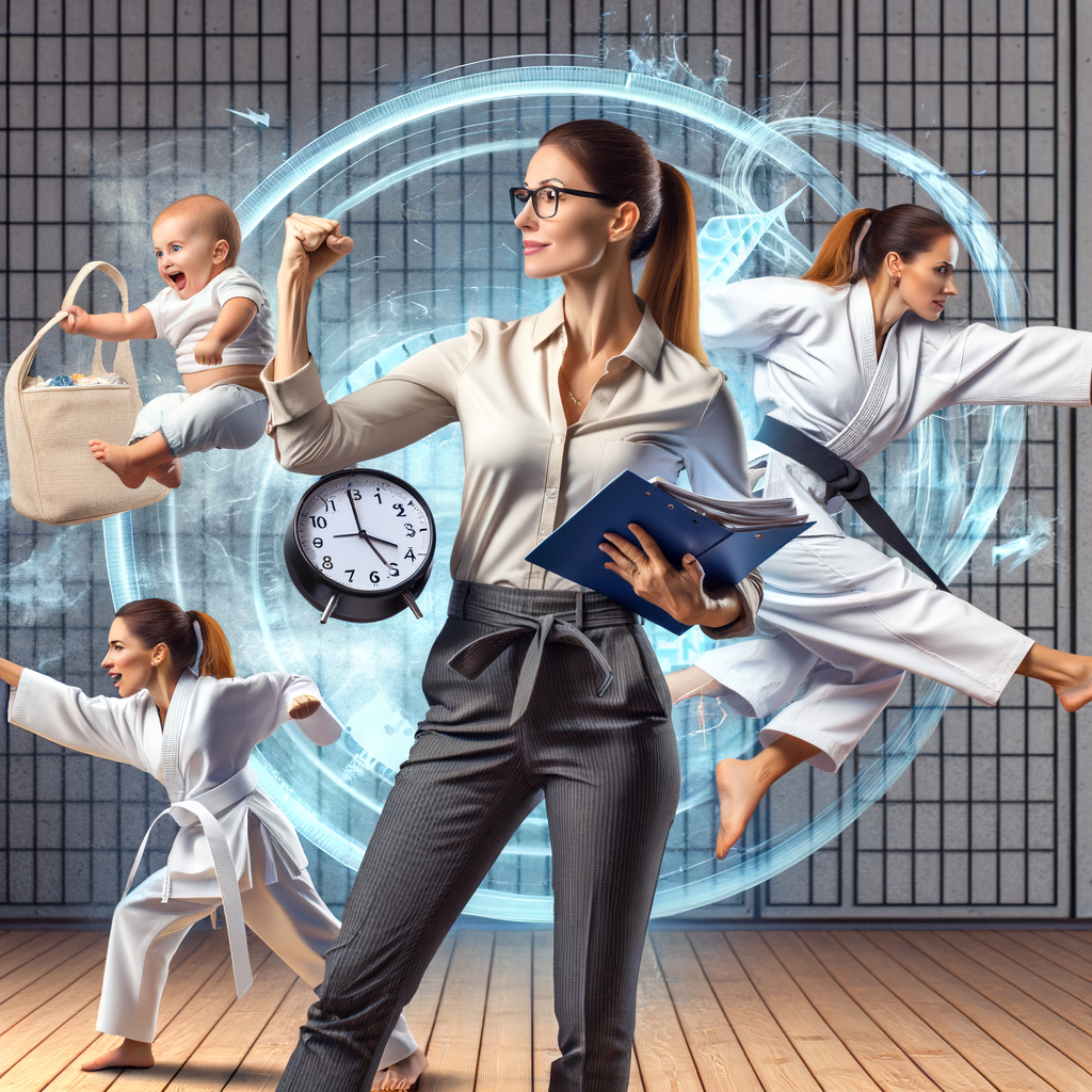 Busy parent in professional attire balancing karate training and parenting duties in a dojo, symbolizing personal growth through karate, time management, and the balance between martial arts and parenting for adults.