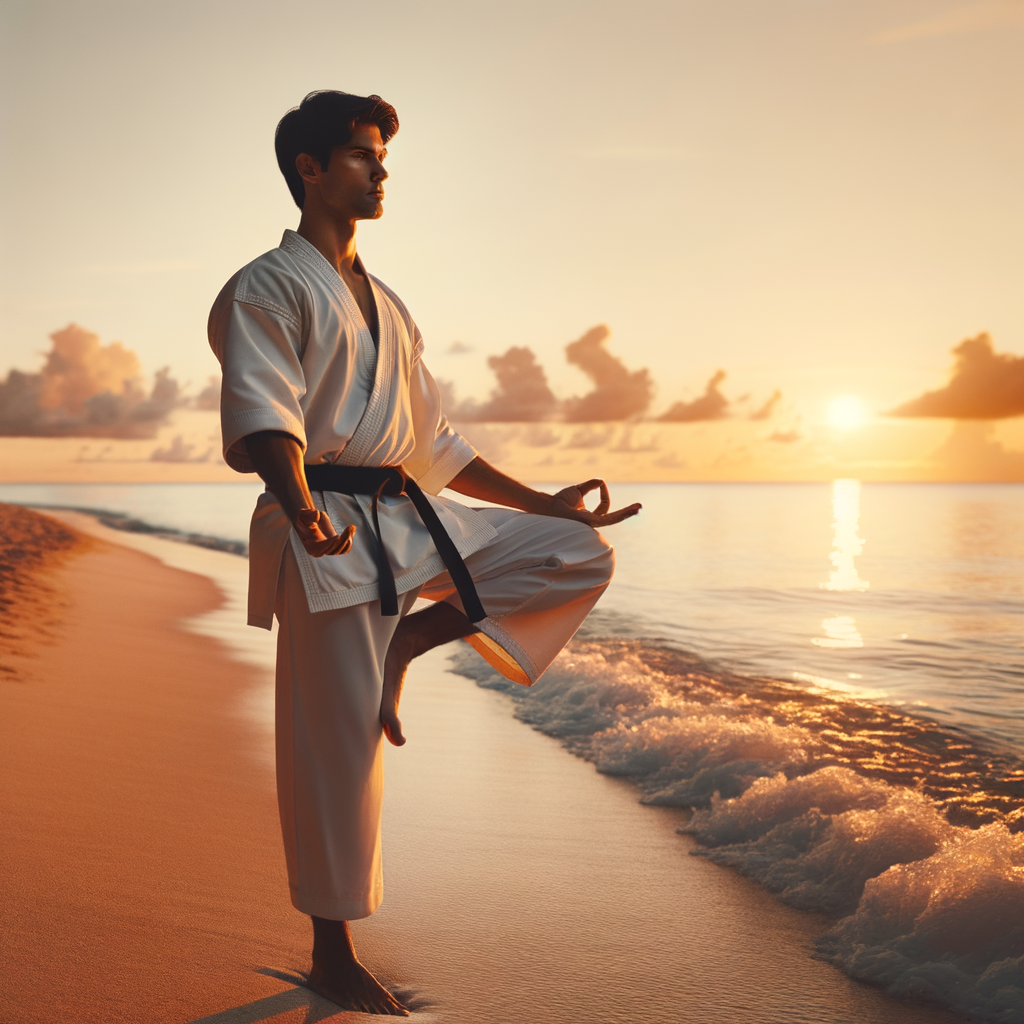 Karate practitioner achieving mind-body balance through harmonious karate practice on a tranquil beach at sunrise, illustrating the benefits of karate for mental and physical health.