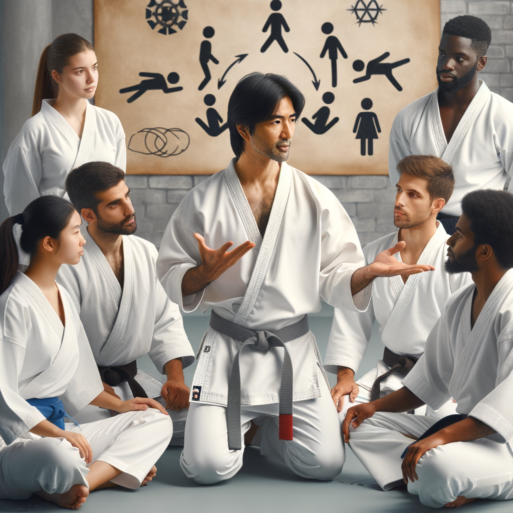 Karate instructor teaching conflict resolution techniques in a dojo, highlighting dialogue in martial arts and showcasing karate as a tool for conflict resolution, with symbols of communication and finding common ground subtly incorporated into the background.
