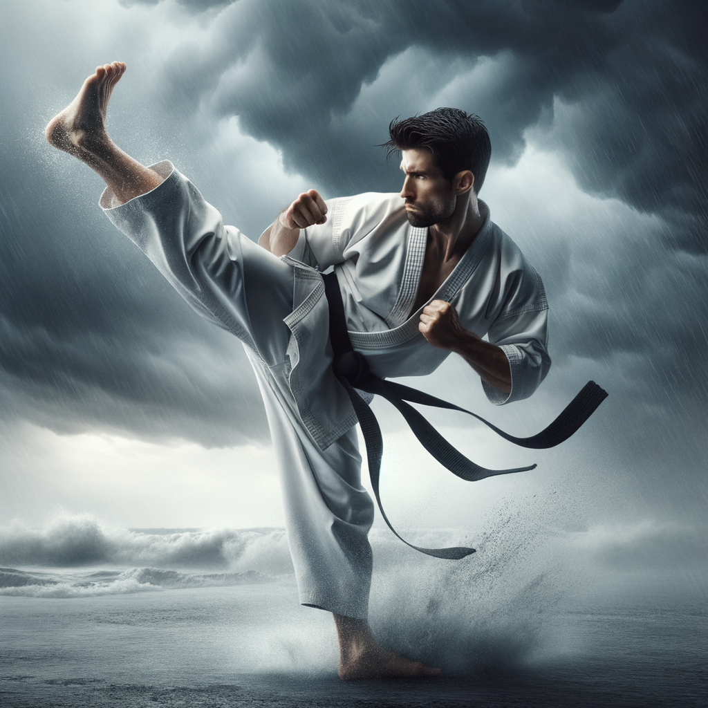 Karate practitioner demonstrating mental resilience and discipline through a high kick amidst a storm, symbolizing overcoming adversity with Karate mental training.