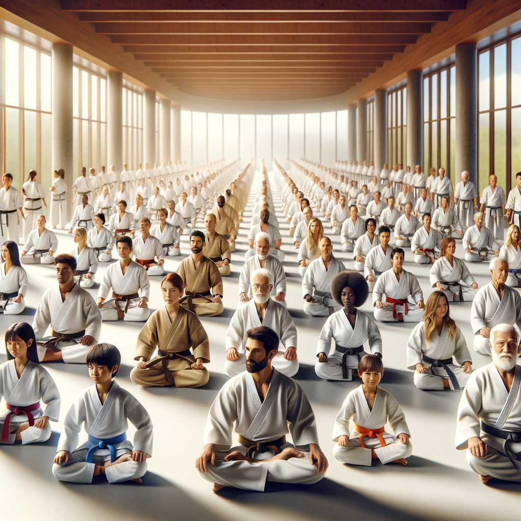 Diverse individuals of all ages engaged in Karate training, spreading peace and fostering harmony through martial arts in a tranquil dojo setting.