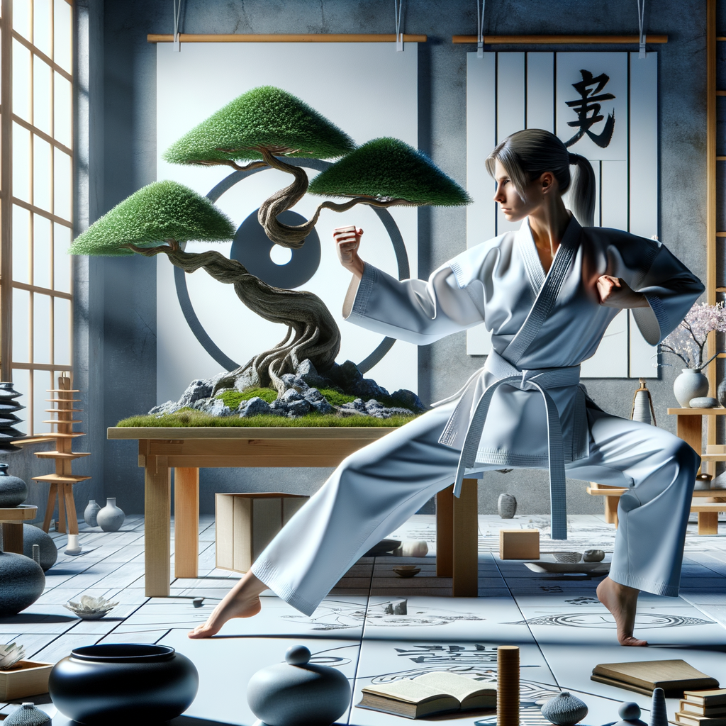 Karate practitioner in white gi performing kata in a dojo, symbolizing character development, virtues in martial arts, and discipline for personality growth through Karate training and virtue cultivation.