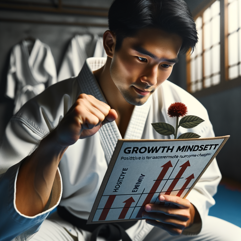 Karate practitioner demonstrating growth mindset during training, nurturing positivity and personal development while overcoming challenges in martial arts.