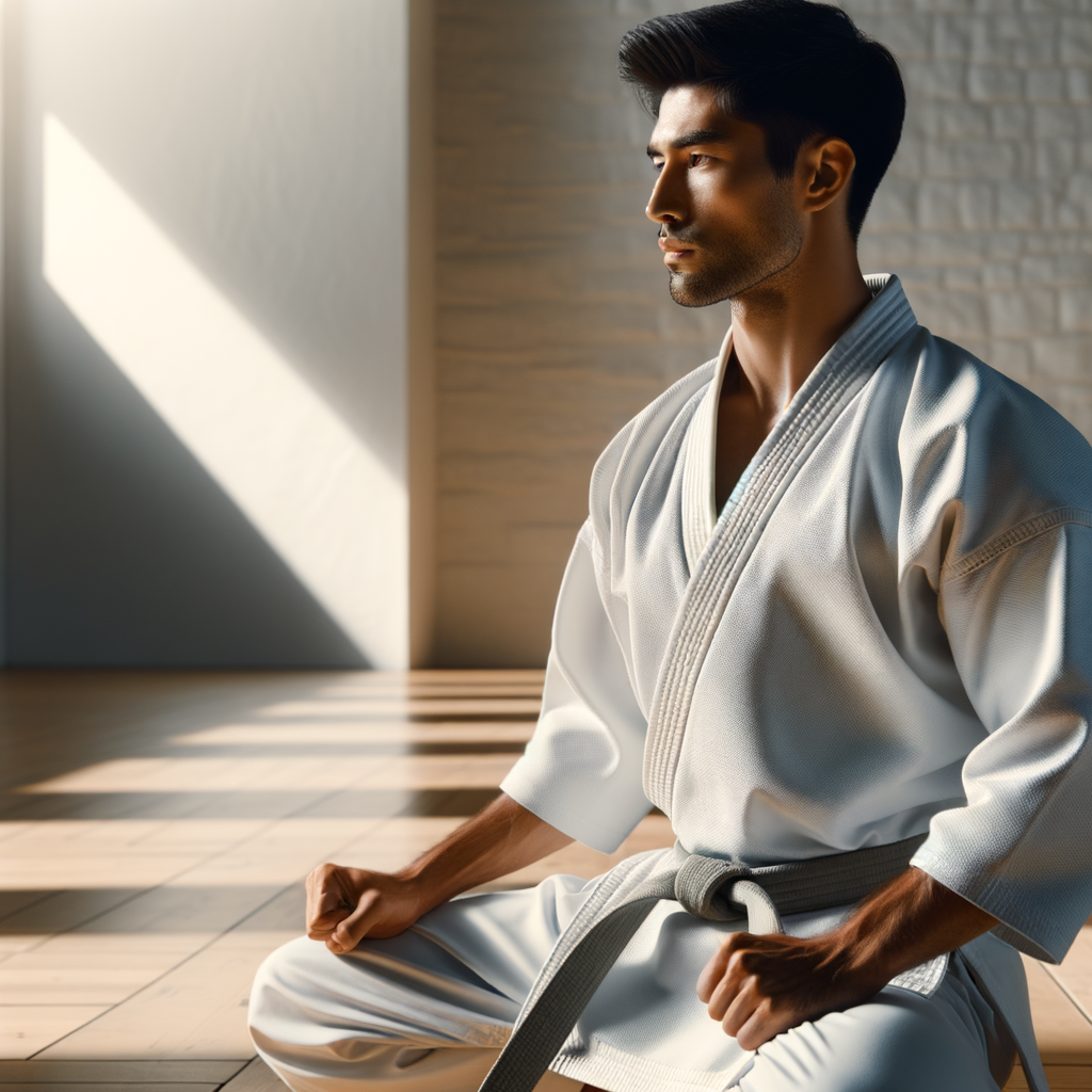 Karate practitioner demonstrating mindful training techniques in a dojo, embodying the benefits of karate and mindfulness for living in the present moment awareness.