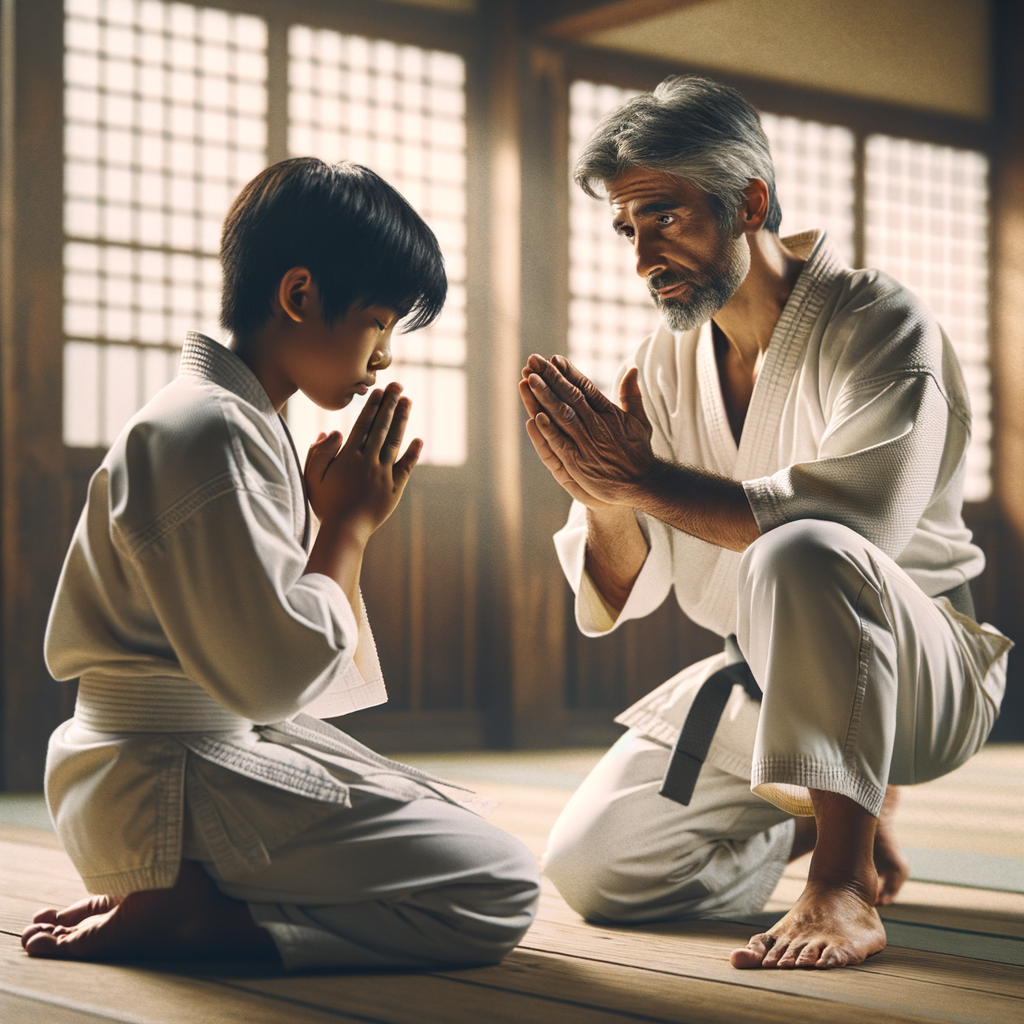 Karate student embracing humility and personal growth through learning new techniques from a sensei in a traditional dojo, symbolizing the importance of humility in martial arts and personal development in karate training.