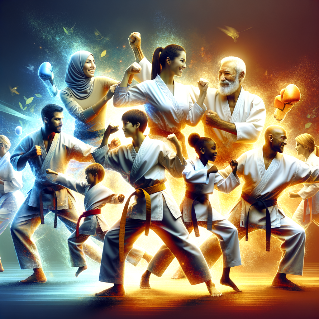 Diverse group of karate practitioners building connections and camaraderie through shared experience in a friendly sparring session, highlighting the social aspects and teamwork in karate community building.