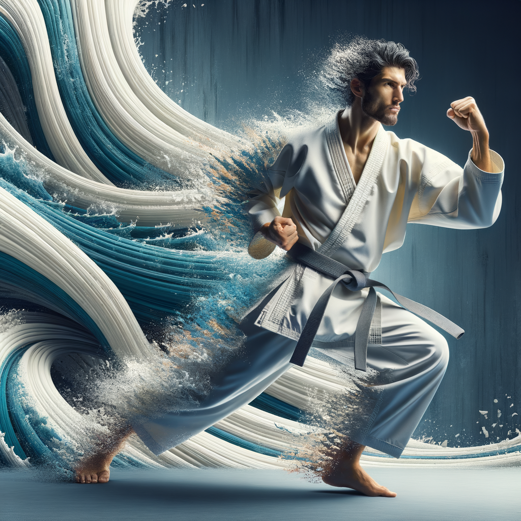 Karate practitioner demonstrating adaptability skills and resilience through precise karate techniques in a dynamic environment, symbolizing martial arts adaptability and self-improvement.
