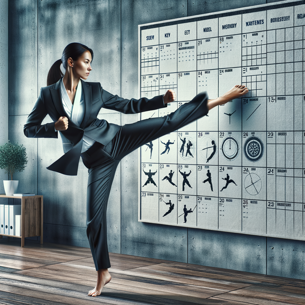 Professional woman balancing karate and work by incorporating karate training into her busy schedule, demonstrating time management for karate in a modern office setting