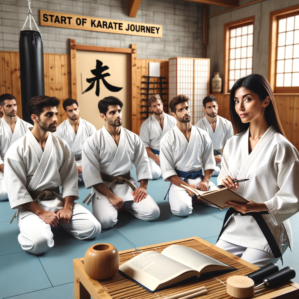 Karate instructor teaching karate basics to beginners in a dojo, symbolizing the start of a karate journey, with a beginner's guide to karate book in view - perfect introduction to starting karate training for beginners.