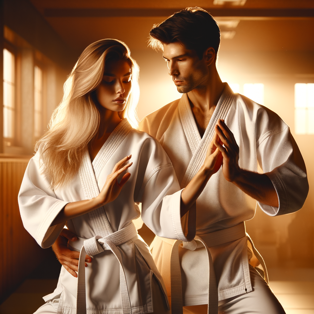 Couple engaging in karate training, demonstrating martial arts bonding and relationship strengthening through karate, highlighting the benefits of couples karate classes.