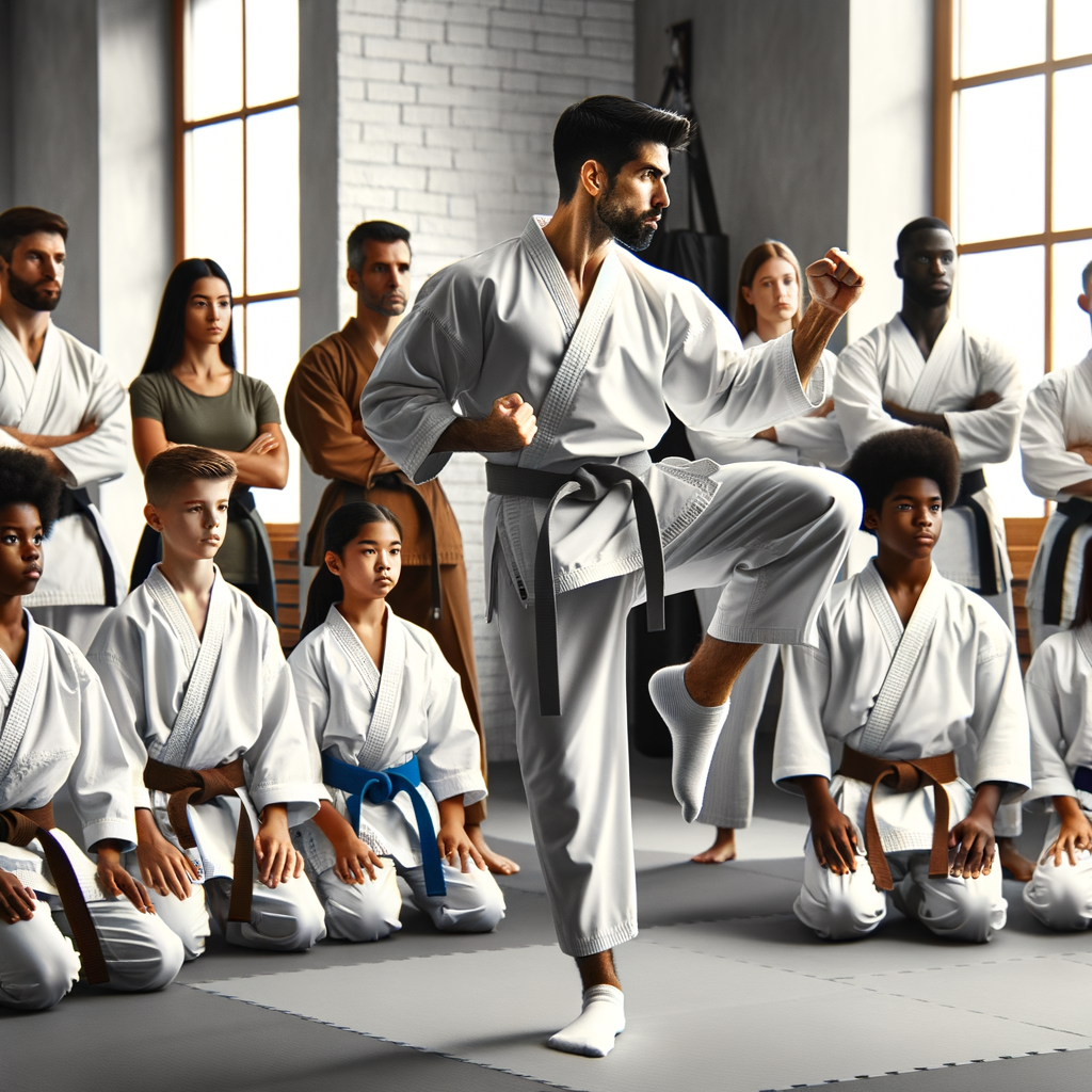 Karate instructor demonstrating leadership principles through martial arts to diverse students, embodying the application of karate in daily life for personal development and leadership training.
