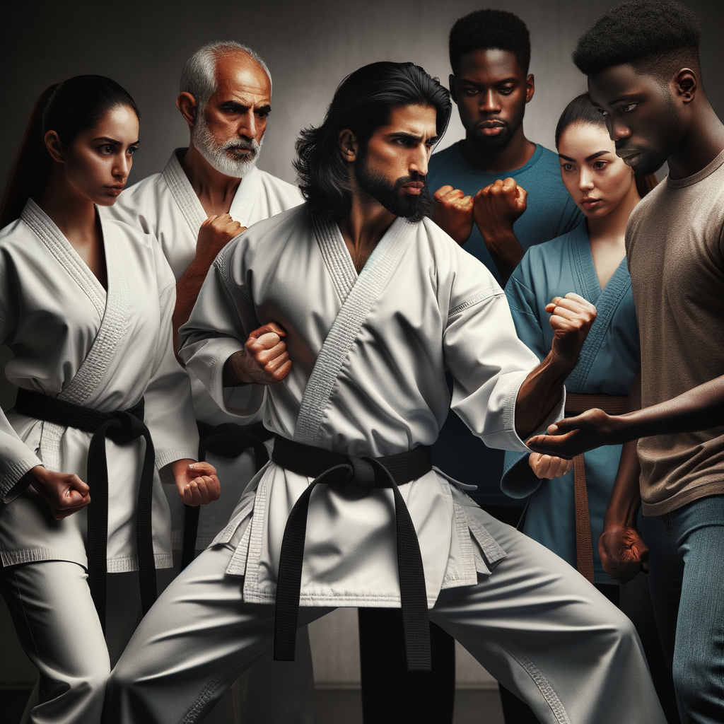 Karate instructor demonstrating leadership skills and inspiring diverse students through complex karate moves, embodying martial arts leadership and karate inspiration.