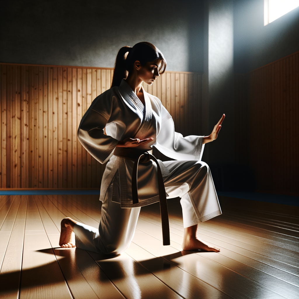 Karate practitioner demonstrating a precise technique in a dojo, exemplifying focus in martial arts and concentration in karate for success, highlighting the benefits of harnessing focus in karate training.