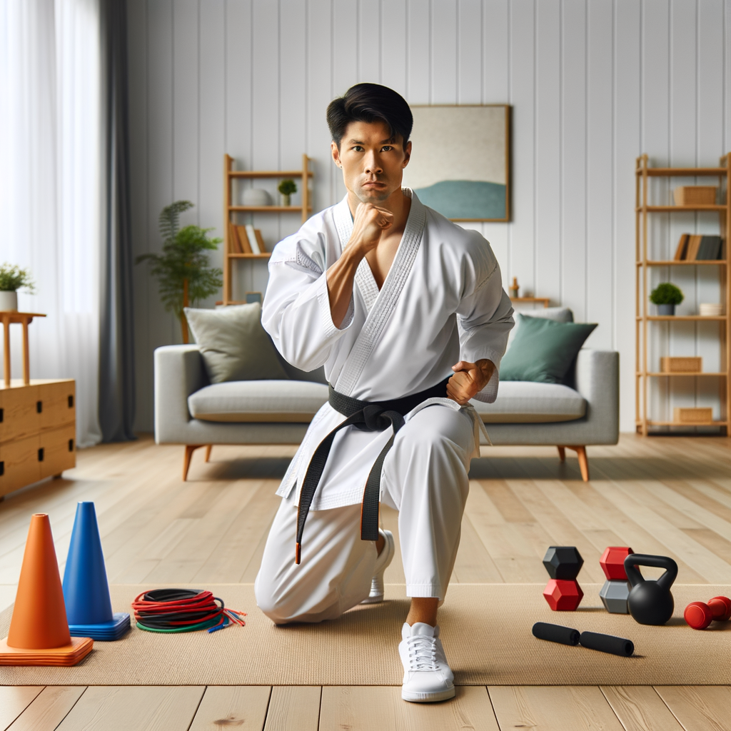 Professional karate instructor demonstrating effective home karate training techniques and exercises in a spacious living room for home training, providing tips for karate at home.
