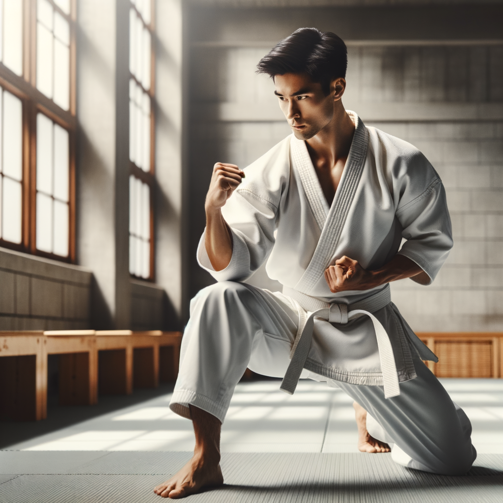 Individual achieving personal mastery and honing karate skills during focused karate training, demonstrating excellence in martial arts for personal growth and self-improvement in a serene dojo setting.