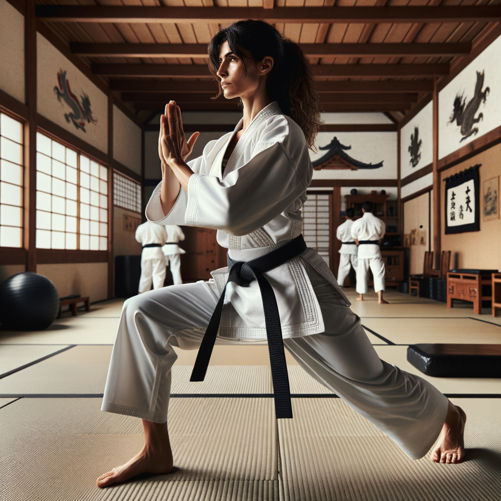 Karate instructor demonstrating balance techniques and stability training in a dojo, highlighting martial arts balance drills and exercises for stability improvement in Karate.