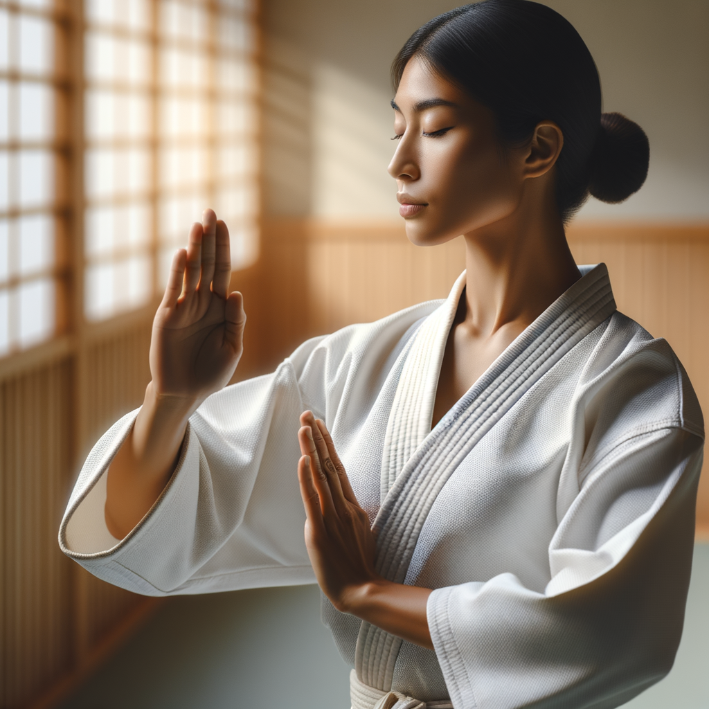 Karate practitioner demonstrating mindful karate training techniques in a serene dojo, embodying mindfulness in martial arts and showcasing the benefits of being present in karate.