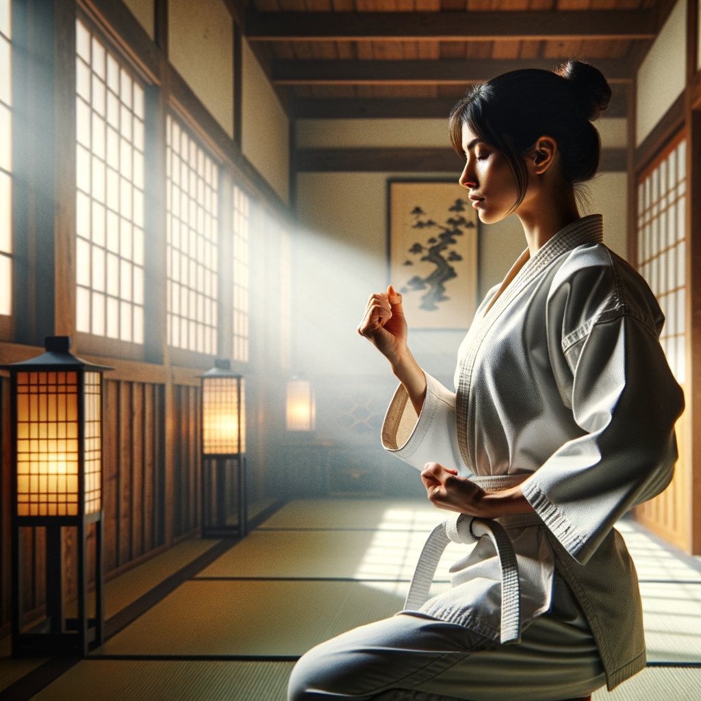 Individual achieving mental wellness through mindful Karate practice, exemplifying the balance of mind and body for mental health benefits in a serene dojo setting.