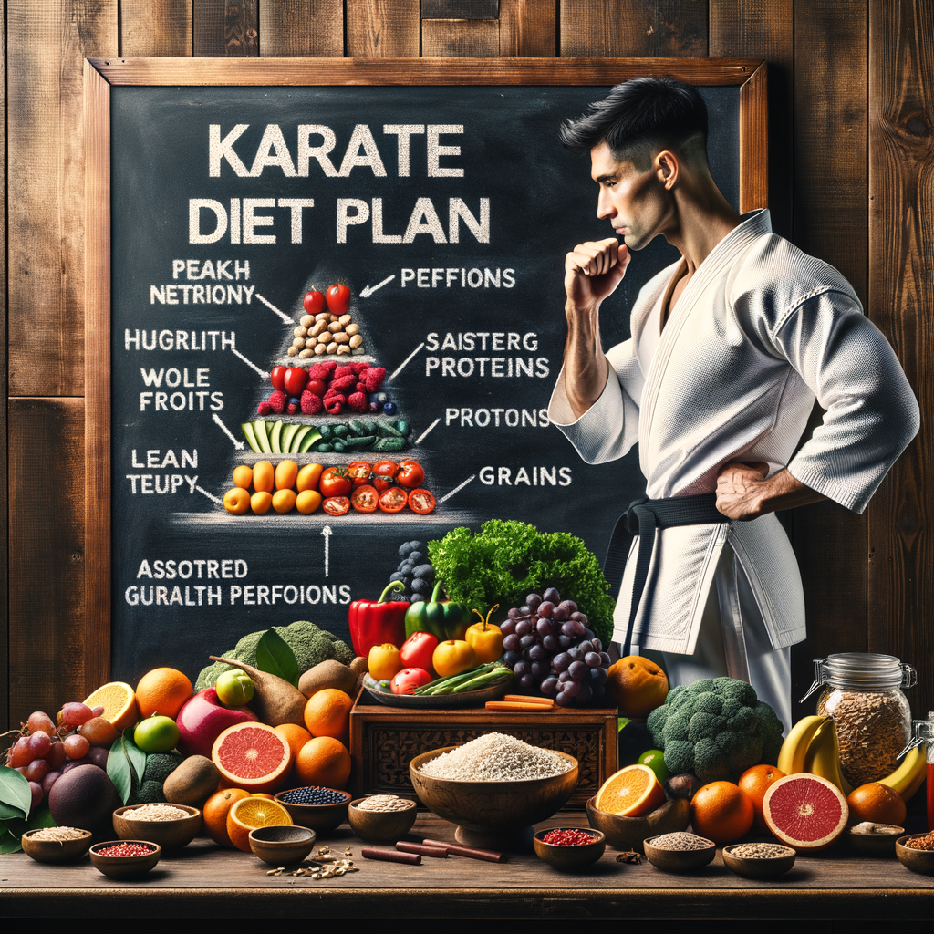 Karate athlete following a detailed karate diet plan in a dojo, surrounded by healthy foods like fruits, vegetables, lean proteins, and whole grains, highlighting the importance of martial arts nutrition and fuel for karate training.