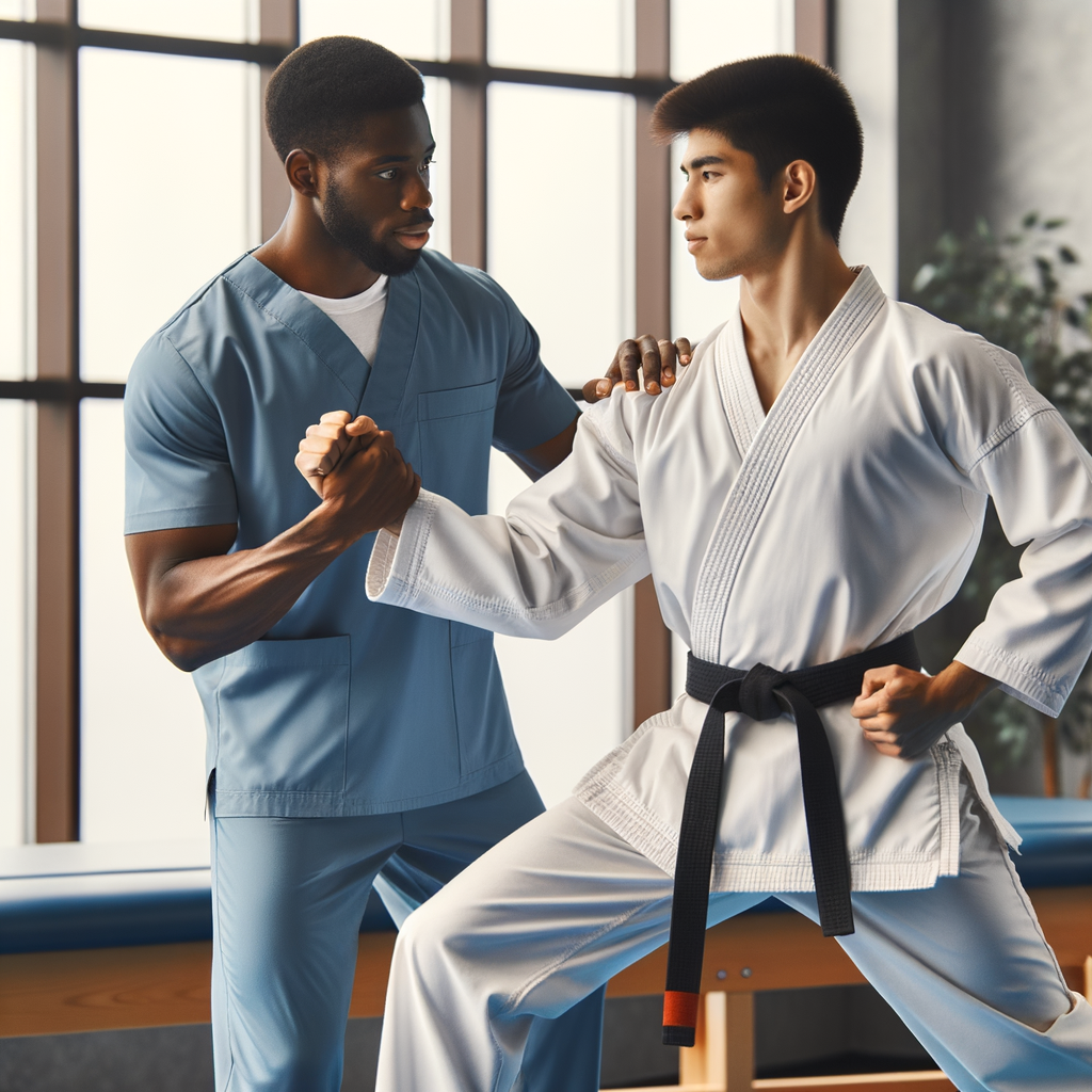 Physical therapist guiding a patient in Karate therapy for physical rehabilitation, demonstrating the healing benefits of martial arts in a rehabilitation center