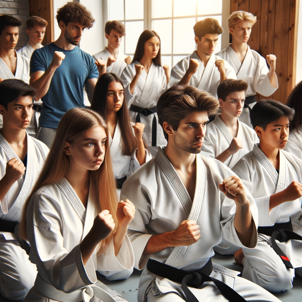 Teenagers participating in a karate class, improving focus and discipline through martial arts training, showcasing the benefits of karate for teens.