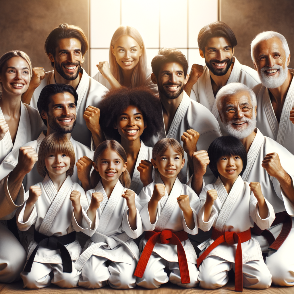 Multi-generational family in karate uniforms demonstrating a move in a dojo, embodying karate bonding, strengthening relationships with karate, and shared martial arts passion.