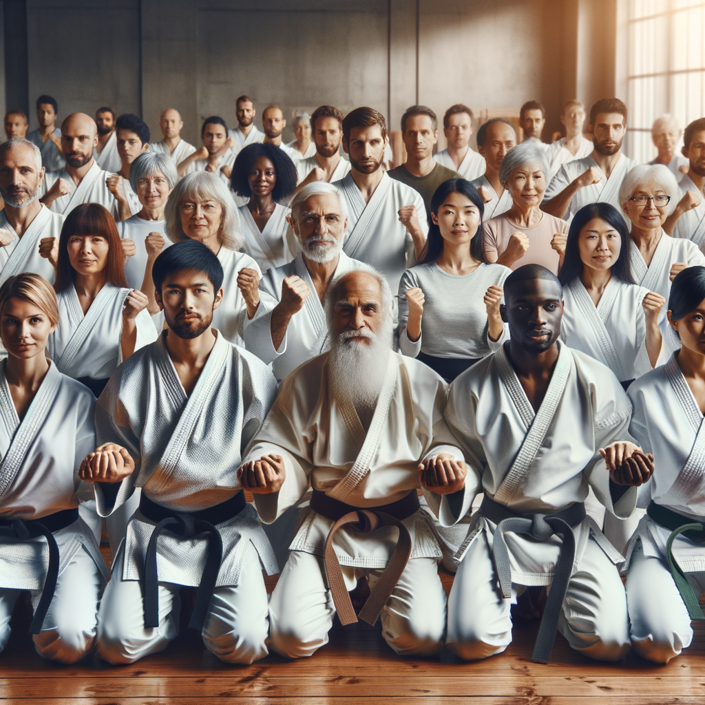 Diverse group demonstrating Karate unity, bridging social divides through shared Karate practice, embodying unity in martial arts for social unity