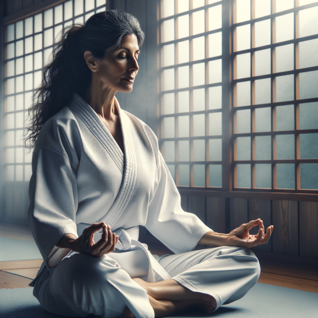 Individual practicing Karate relaxation techniques for stress relief and mental health in a peaceful dojo setting, showcasing the benefits of martial arts for relaxation and stress management.