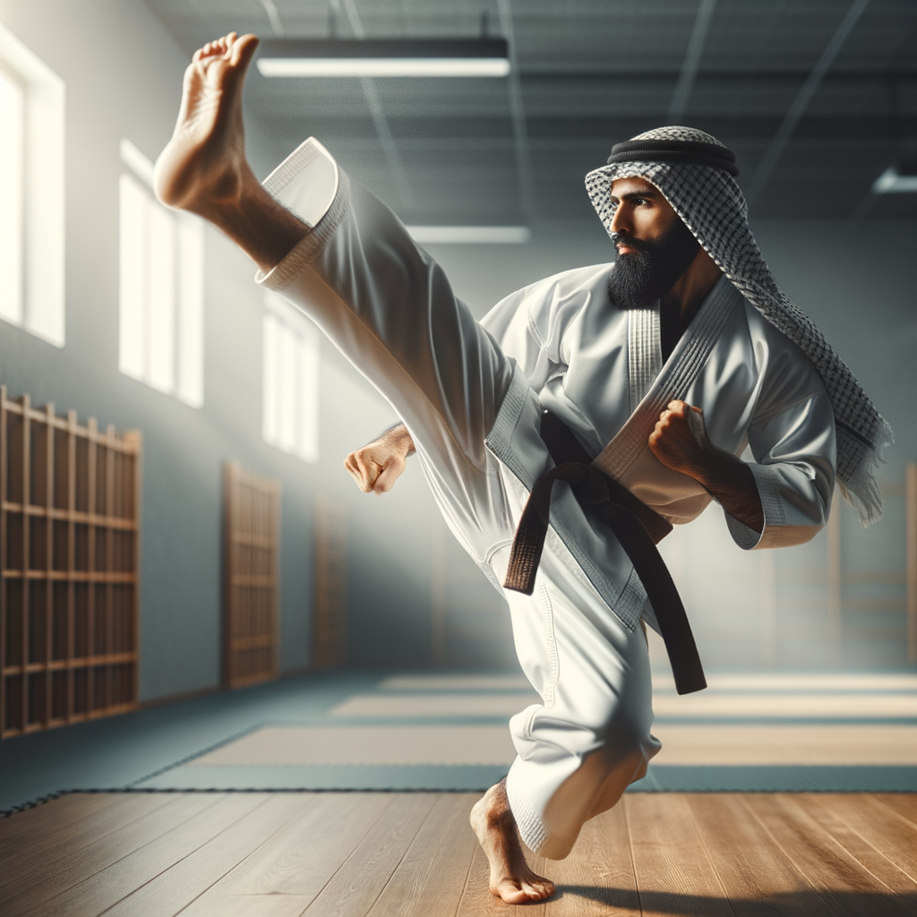 Individual in Karate uniform performing high kick in dojo, showcasing personal development through Karate training, nurturing potential in martial arts, and achieving excellence in Karate for personal growth.