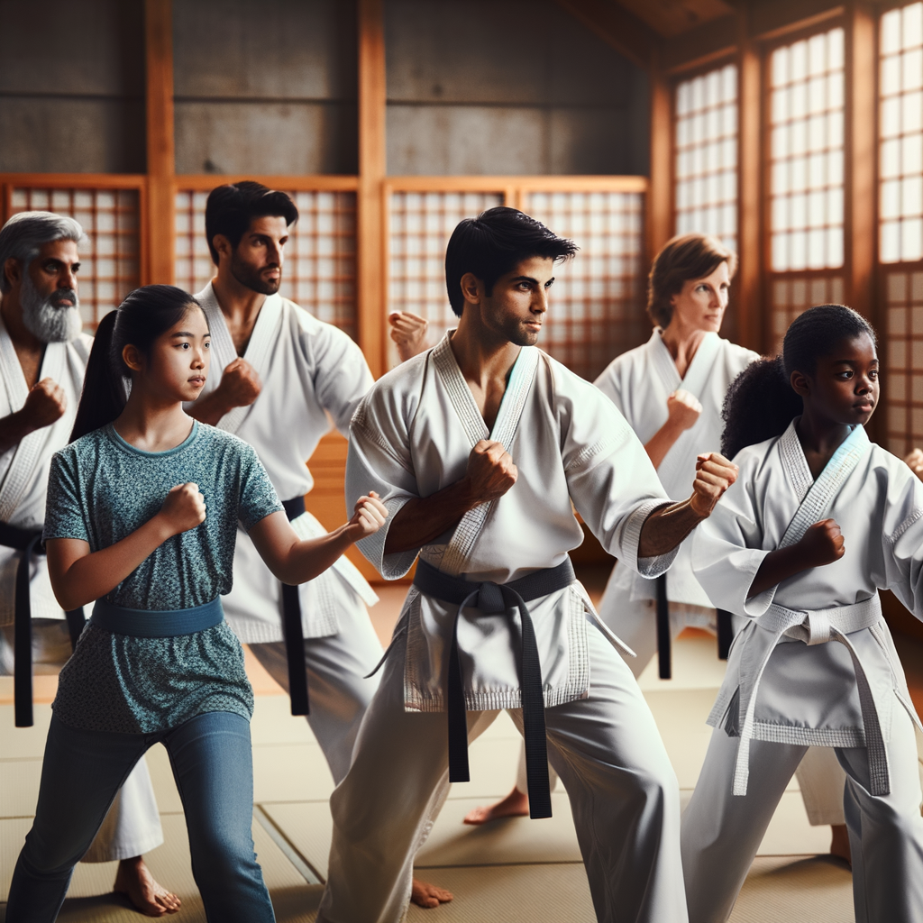 Diverse group demonstrating empowerment through Karate training, showcasing the benefits of Karate in building inner strength, self-confidence, and strength in martial arts.