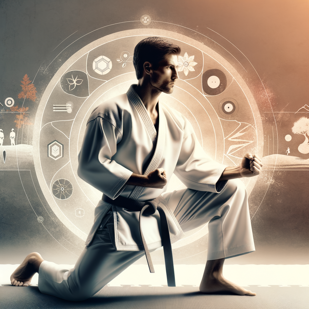 Karate practitioner in traditional gi demonstrating a powerful move on a mat, embodying personal growth, self-discovery, and self-improvement through martial arts.
