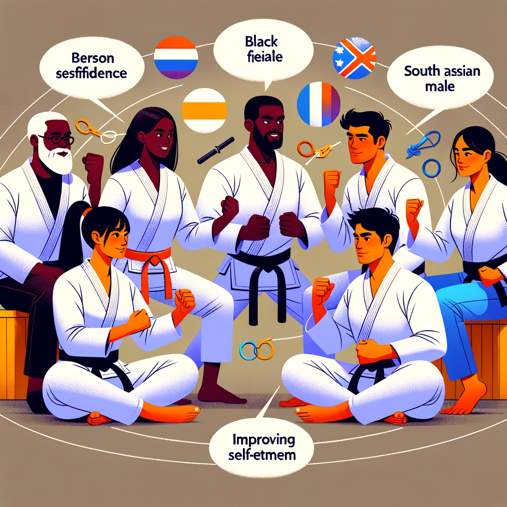 Diverse group engaging in confidence-building karate training, demonstrating self-assurance techniques for personal development and improved self-esteem through martial arts.