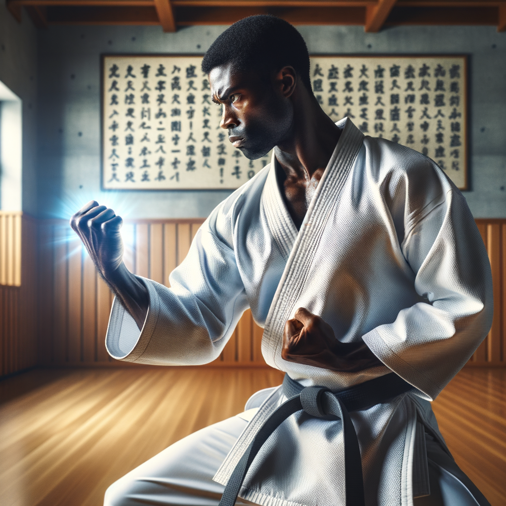 Karate practitioner demonstrating emotional resilience and building emotional toughness with a powerful kata stance in a serene dojo, symbolizing karate for mental strength and emotional balance.