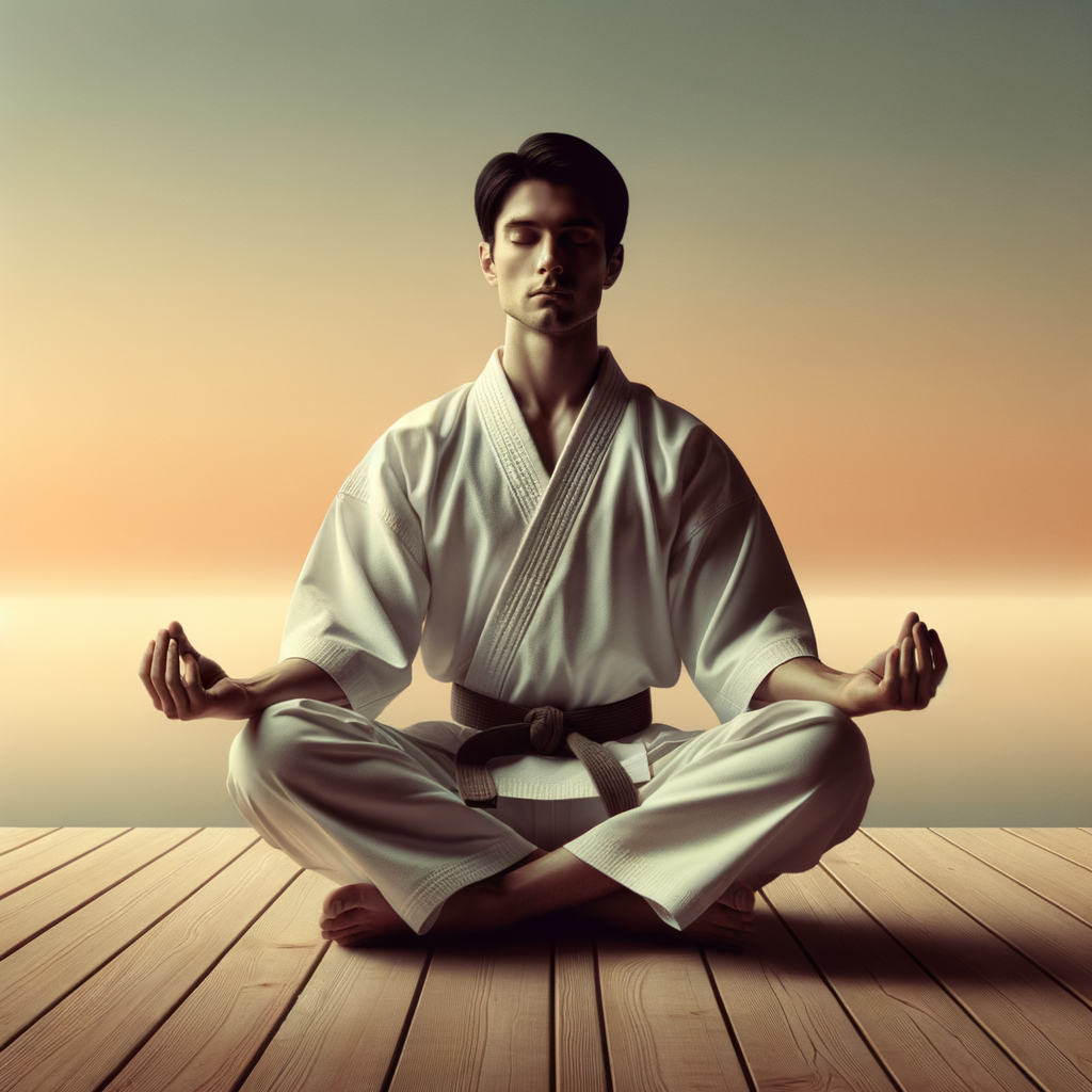 Karate practitioner in meditative pose demonstrating holistic wellness through Karate, integrating mind, body, and spirit for overall health