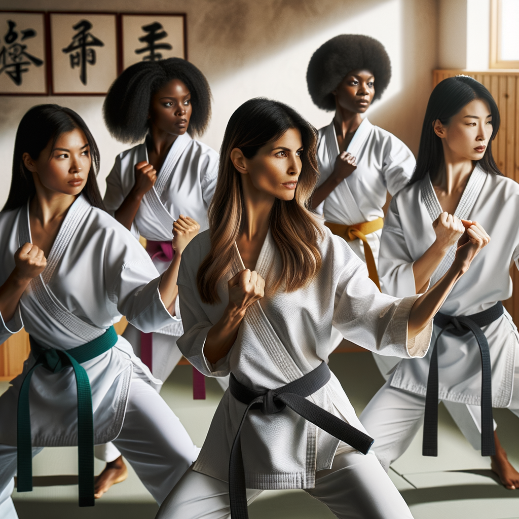 Diverse group of women demonstrating empowering Karate techniques during a strength training session, embodying female empowerment and confidence in Women's Karate.