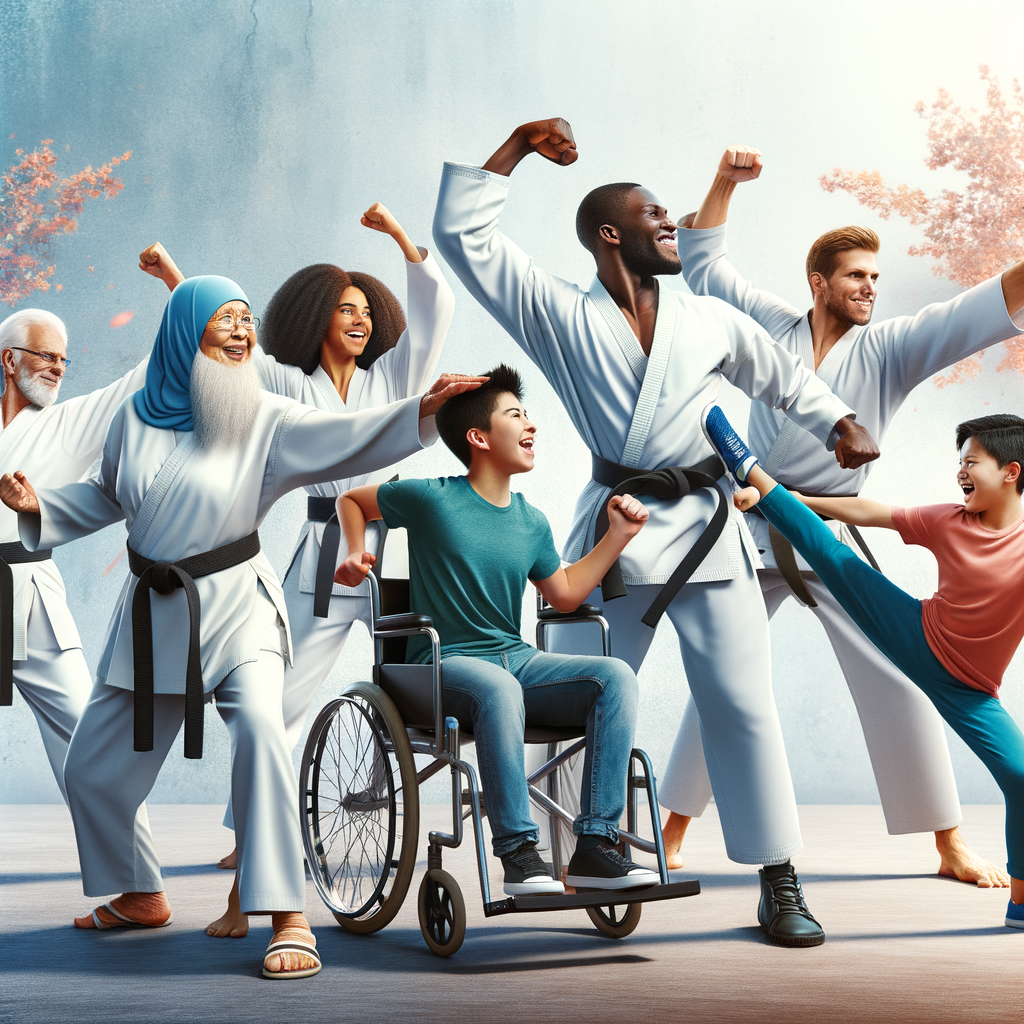 Inclusive karate training session with diverse individuals of all ages, abilities, and body types, showcasing accessible karate lessons and universal appeal of karate for all.