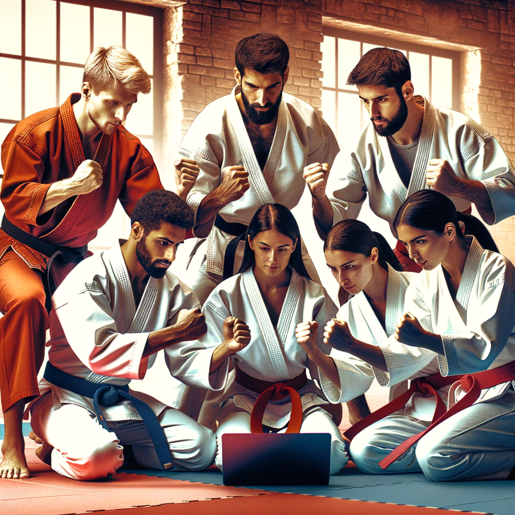 Karate teamwork and collaboration in martial arts demonstrated by a diverse group during a team building in karate session, highlighting martial arts collaboration techniques and teamwork skills in karate.
