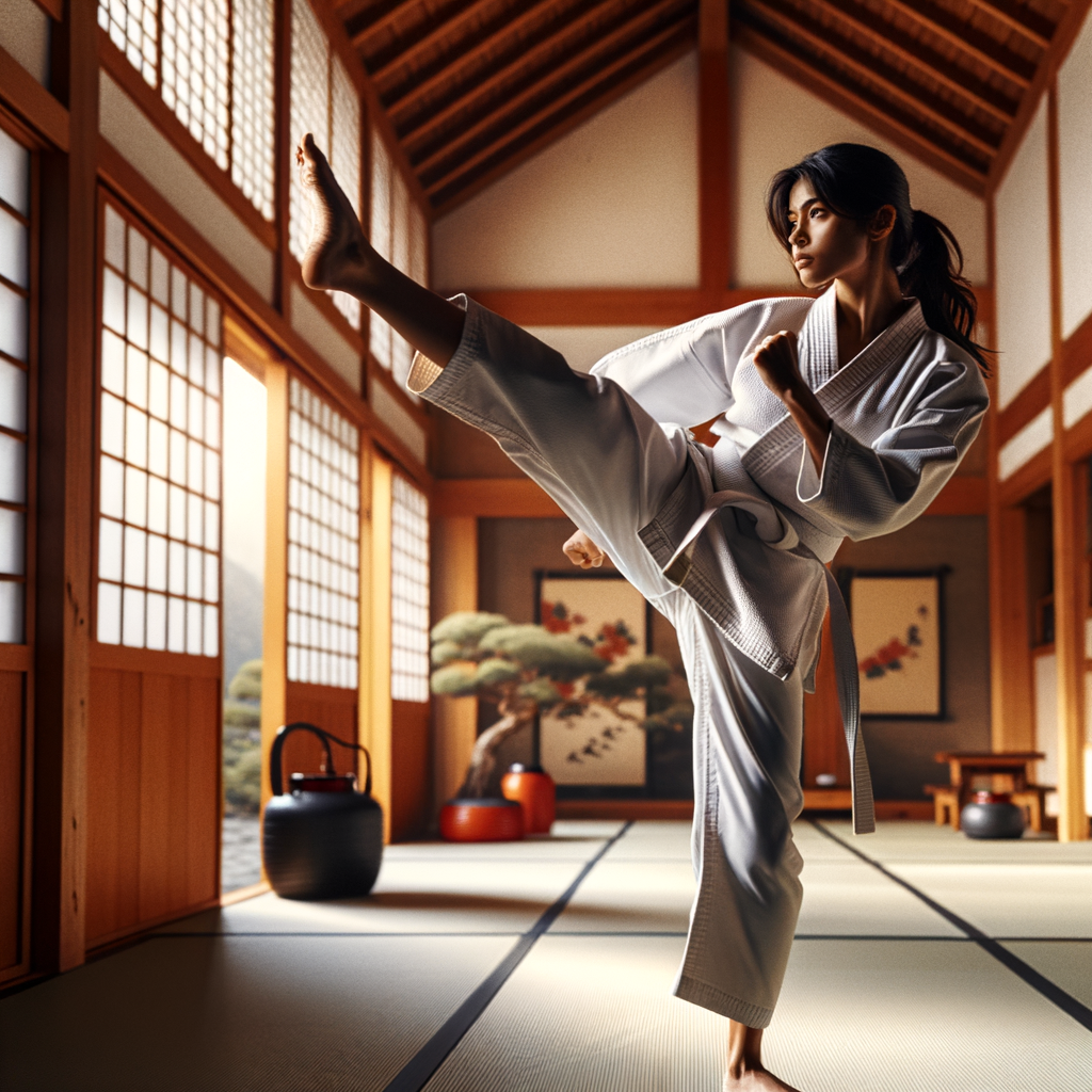 Individual demonstrating self-expression through karate for personal development in a tranquil dojo, embodying voice through movement and personal growth through martial arts.