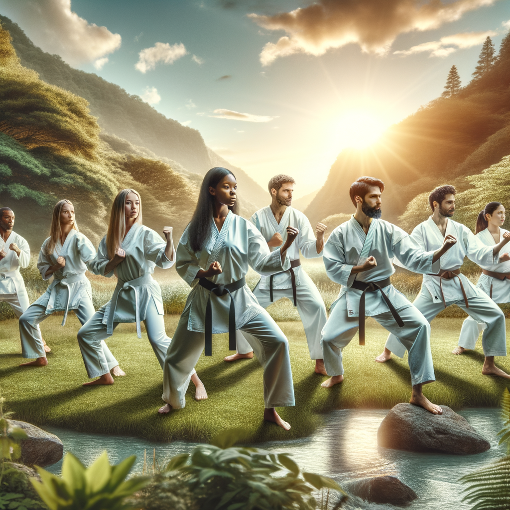 A diverse group practicing karate in nature, showcasing holistic karate benefits for physical fitness, mental health, and overall well-being.