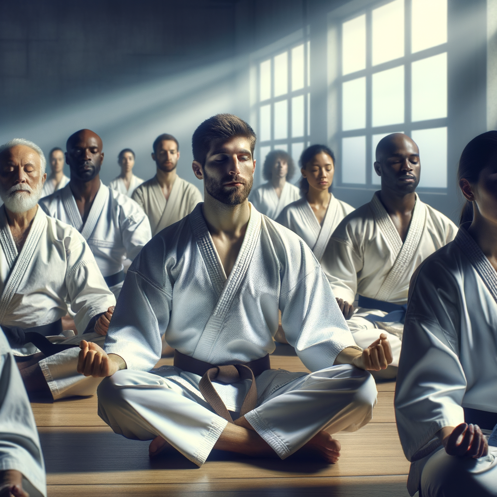 A diverse group practicing karate in a serene dojo, symbolizing the mental health benefits and therapeutic aspects of martial arts for PTSD recovery.