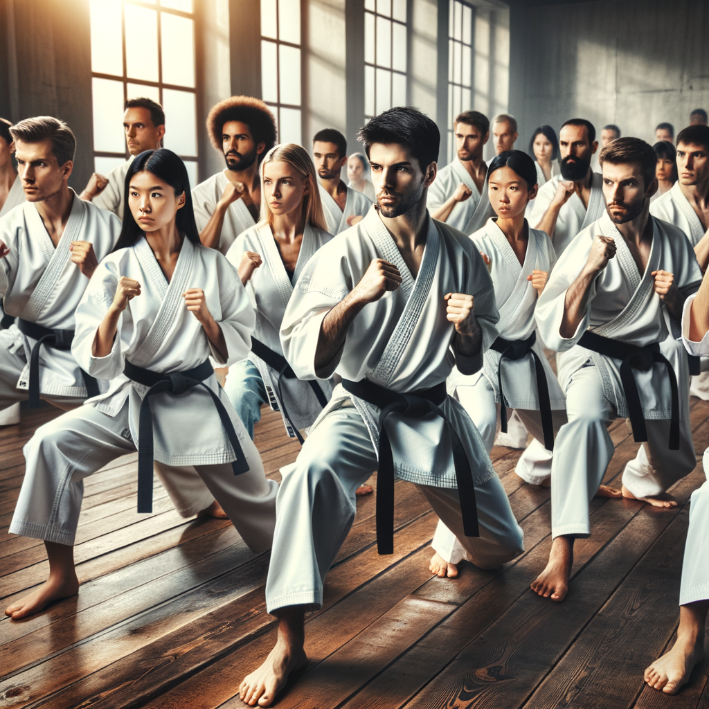 A diverse group practicing karate in a dojo, highlighting the confidence and personal development gained through karate training.