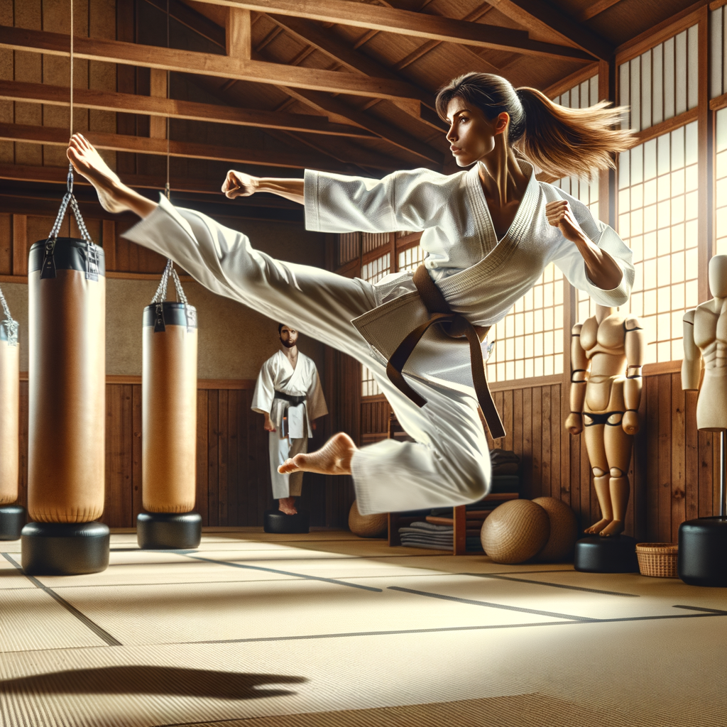 Karate practitioner executing a high-speed kick with precision in a dojo, showcasing karate speed techniques and agility training.