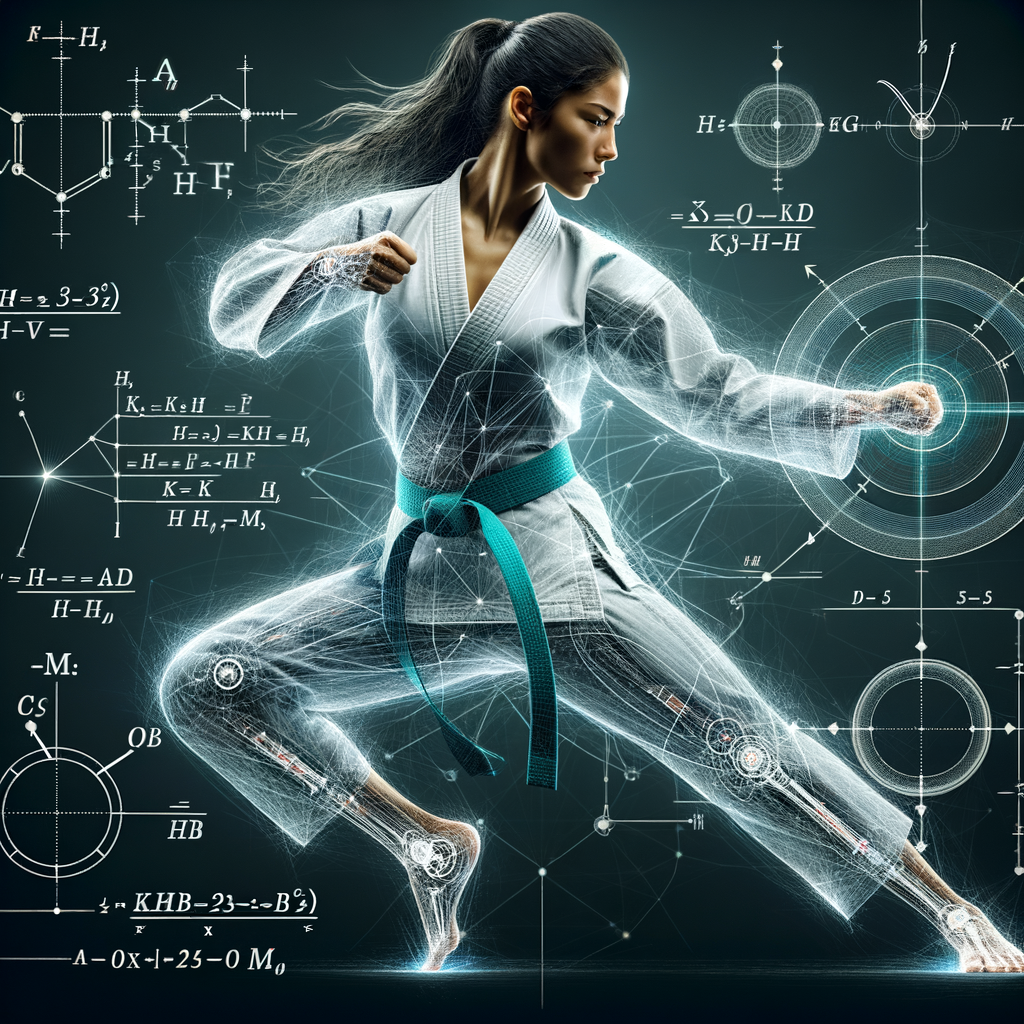 Professional martial artist demonstrating precise karate technique with biomechanical diagrams and physics equations illustrating the science behind karate techniques and biomechanics of martial arts movements.